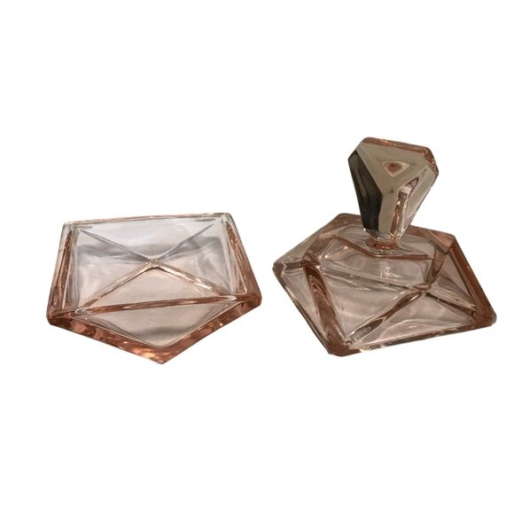 Glass Vanity Container Vintage Diamond Shaped Pink 2 Pc Powder Trinket Dish - Picture 2 of 11